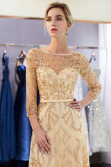 A-line Illusion Neckline Long Beading Evening Gowns with Sleeves