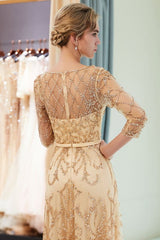 A-line Illusion Neckline Long Beading Evening Gowns with Sleeves