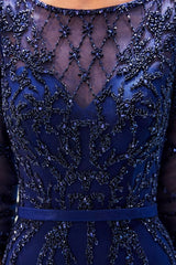 A-line Illusion Neckline Long Beading Evening Gowns with Sleeves