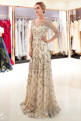 A-line Illusion Neckline Long Beading Evening Gowns with Sleeves