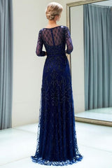 A-line Illusion Neckline Long Beading Evening Gowns with Sleeves