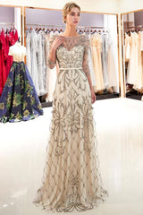 A-line Illusion Neckline Long Beading Evening Gowns with Sleeves