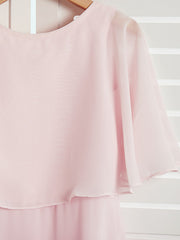 A-Line Jewel Half Sleeves Dress with Ruffles for Flower Girls