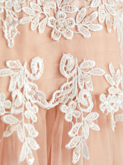 A-Line Jewel Neck Brush Train Flower Girl Dress with Lace Tulle and Appliques