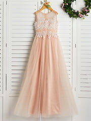 A-Line Jewel Neck Brush Train Flower Girl Dress with Lace Tulle and Appliques