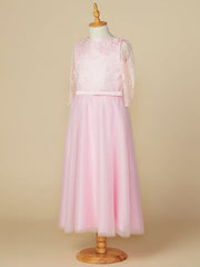A-Line Jewel Neck Lace/Tulle Junior Bridesmaid Dress with Bow(s) for Wedding Party