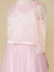 A-Line Jewel Neck Lace/Tulle Junior Bridesmaid Dress with Bow(s) for Wedding Party