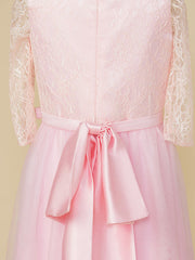 A-Line Jewel Neck Lace/Tulle Junior Bridesmaid Dress with Bow(s) for Wedding Party