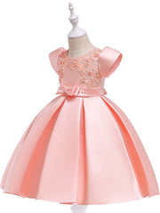 A-Line Knee Length Cotton Blend Short Sleeve Jewel Neck Dress with Petal Sash Ribbon and Pearls