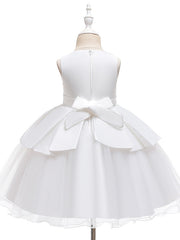 A-Line Knee Length Wedding / Party Dress - Tulle / Matte Satin / Poly&Cotton Blend Jewel Neck with Lace / Bow(S) / Beading