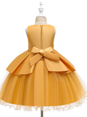A-Line Knee Length Wedding / Party Dress - Tulle / Matte Satin / Poly&Cotton Blend Jewel Neck with Lace / Bow(S) / Beading