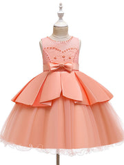 A-Line Knee Length Wedding / Party Dress - Tulle / Matte Satin / Poly&Cotton Blend Jewel Neck with Lace / Bow(S) / Beading