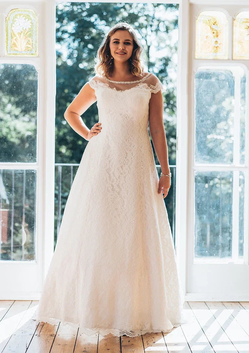 Simple A-Line Bateau Neck Short Sleeve Lace Illusion White Wedding Dress