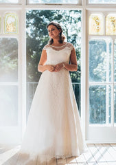 Simple A-Line Bateau Neck Short Sleeve Lace Illusion White Wedding Dress