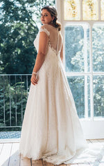 Simple A-Line Bateau Neck Short Sleeve Lace Illusion White Wedding Dress