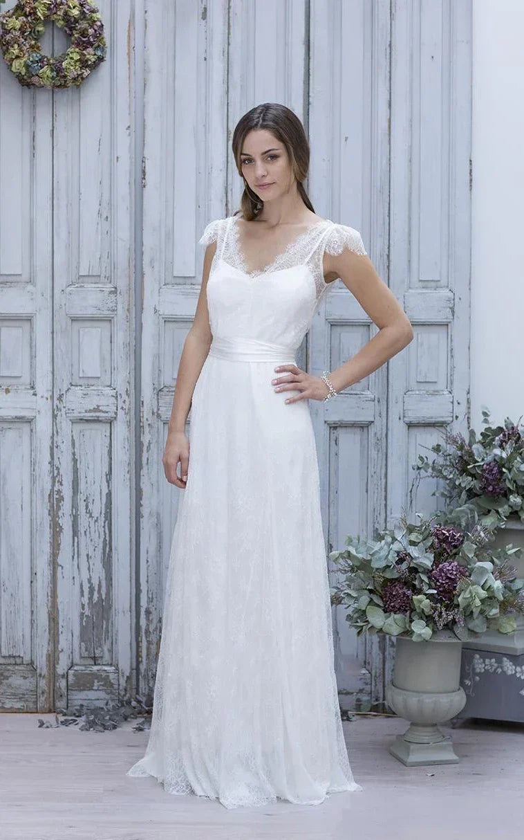 A-Line V-Neck Short Cap Sleeves Backless Tulle Lace Wedding Dress