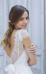 A-Line V-Neck Short Cap Sleeves Backless Tulle Lace Wedding Dress