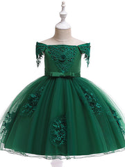 A-Line Short Sleeve Off Shoulder Flower Girl Dress with Petal Sash Ribbon Trim