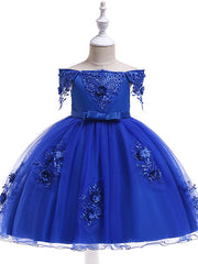 A-Line Short Sleeve Off Shoulder Flower Girl Dress with Petal Sash Ribbon Trim
