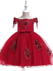 A-Line Short Sleeve Off Shoulder Flower Girl Dress with Petal Sash Ribbon Trim