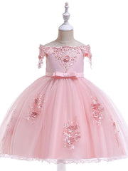 A-Line Short Sleeve Off Shoulder Flower Girl Dress with Petal Sash Ribbon Trim