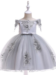 A-Line Short Sleeve Off Shoulder Flower Girl Dress with Petal Sash Ribbon Trim