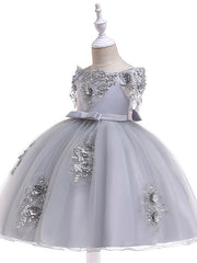A-Line Short Sleeve Off Shoulder Flower Girl Dress with Petal Sash Ribbon Trim