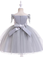 A-Line Short Sleeve Off Shoulder Flower Girl Dress with Petal Sash Ribbon Trim