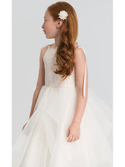 A-Line Sleeveless Scalloped Neckline Flower Girl Dresses with Lace Satin Tulle and Tier Solid