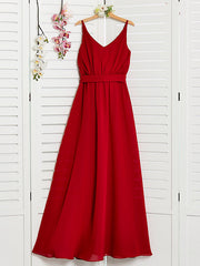 A-Line Spaghetti Strap Floor Length Chiffon Junior Bridesmaid Dress with Sash Ribbon and Ruching
