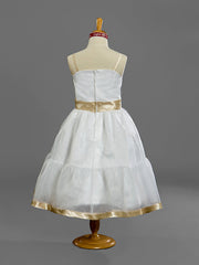 A-Line Spaghetti Strap Tea Length Organza Princess Junior Bridesmaid Dress With Sash / Ribbon for Spring / Summer / Fall / Winter / Apple