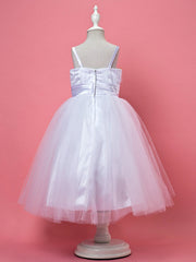 A-Line Tea Length Sleeveless Spaghetti Strap Flower Girl Dress Tulle Satin With Criss Cross