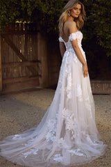 A-Line Tulle Wedding Dress With Lace Appliques - Off-the-Shoulder