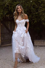 A-Line Tulle Wedding Dress With Lace Appliques - Off-the-Shoulder
