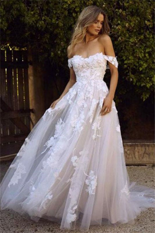 A-Line Tulle Wedding Dress With Lace Appliques - Off-the-Shoulder