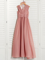 A-Line V Neck Flower Girl Dress with Pleats Ruching and Maxi Chiffon