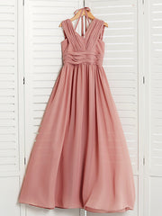 A-Line V Neck Flower Girl Dress with Pleats Ruching and Maxi Chiffon