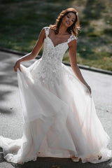 A-line V-neck Long Wedding Dress With Tulle Backless and Lace