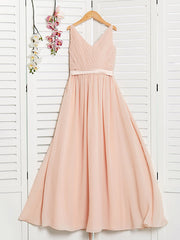 A-Line V Neck Maxi Chiffon Junior Flower Girl Dress With Sash Ribbon Ruching