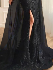 Evening Gown Floral Dress Formal Long Sleeve Off Shoulder Chiffon with Sequin Slit Appliques
