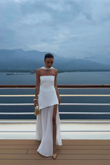 White Strapless Satin Chiffon Split Holiday Summer Prom Dress