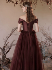 A-Line V Neck Satin Tulle Brown Red, Brown Red Long Formal Dress