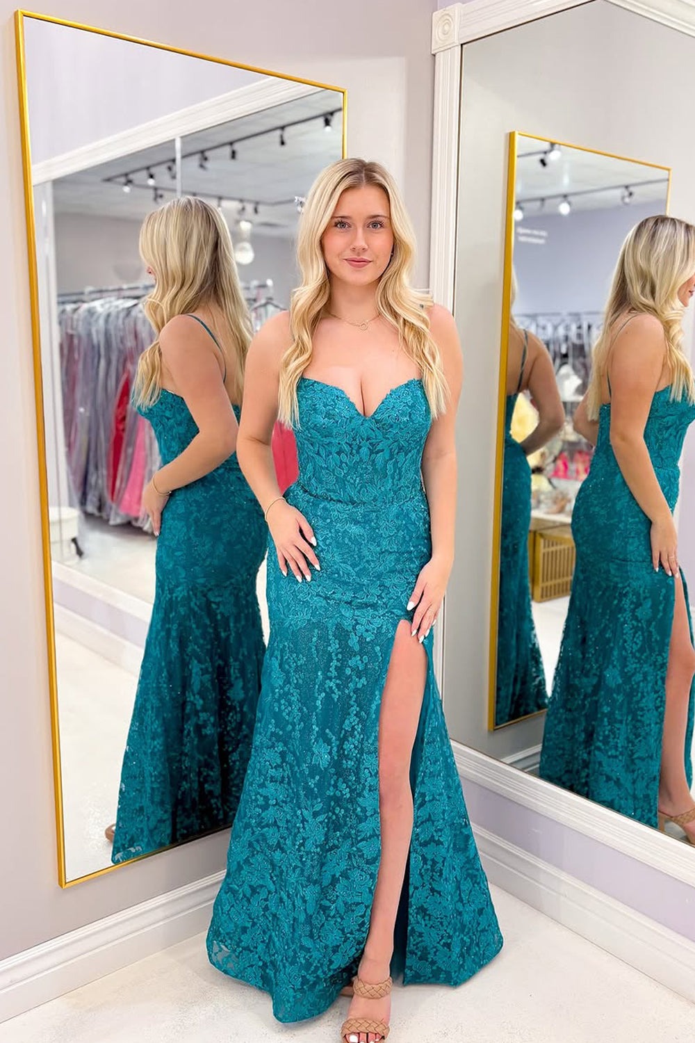 Mermaid Long Sweetheart Teal Lace Prom Dresses