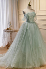 Green Tulle Beaded Ball Gown Off Shoulder Party Dress Sweet 16 Dress Beautiful