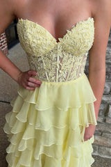 A Line Sweetheart Daffodial Chiffon Tiered Prom Dresses