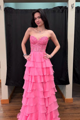 A Line Sweetheart Pink Chiffon Tiered Prom Dresses