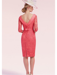 Mother of the Bride Dress Plus Size Neck Knee Length Satin Lace Half Sleeve with Sash Ribbon Bow(s) Split Front