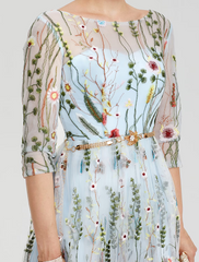 A-Line Empire Dress Party Wear Floor Length Sleeve Illusion Neck Lace with Embroidery