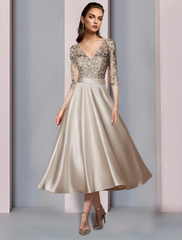A-Line Mother of the Bride Dress Wedding Guest Elegant V Neck Satin Lace Half Sleeve with Pleats Appliques