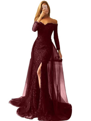 Evening Gown Floral Dress Formal Long Sleeve Off Shoulder Chiffon with Sequin Slit Appliques
